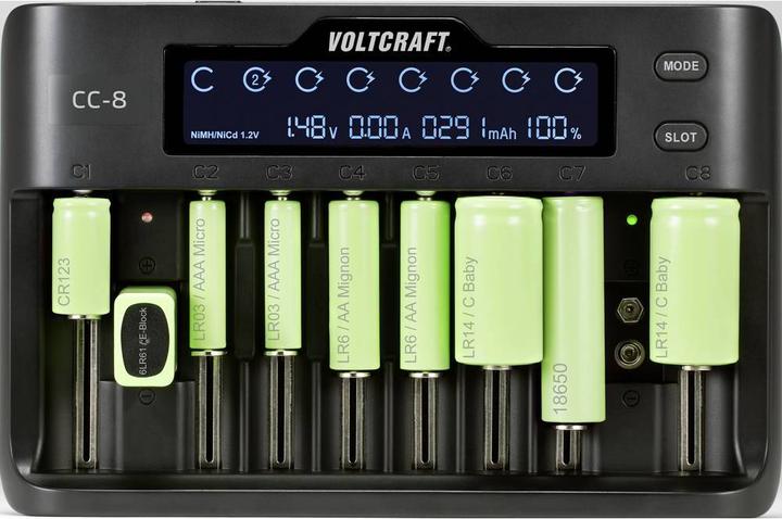 Produktbild Voltcraft CC-8 Rundzellen-Ladegerät (1 Stk., 10340, 14500, 16340, 17500, 17650, 18490, 18500, 18650, 21700, 22650, 26500, 26650, AAA, A, AA, Sub-C, 9V Block, Ladegerät ohne Akku)