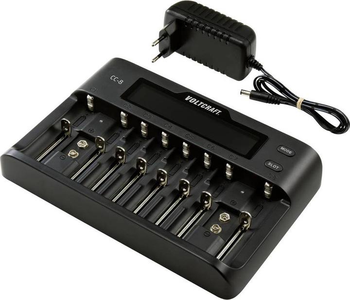 Produktbild Voltcraft CC-8 Rundzellen-Ladegerät (1 Stk., 10340, 14500, 16340, 17500, 17650, 18490, 18500, 18650, 21700, 22650, 26500, 26650, AAA, A, AA, Sub-C, 9V Block, Ladegerät ohne Akku)