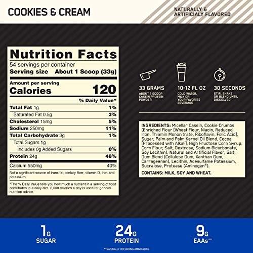 Valori nutrizionali e ingredienti Optimum Nutrition 100% proteine di caseina (Biscotti e panna, 54 pz., 908 g)