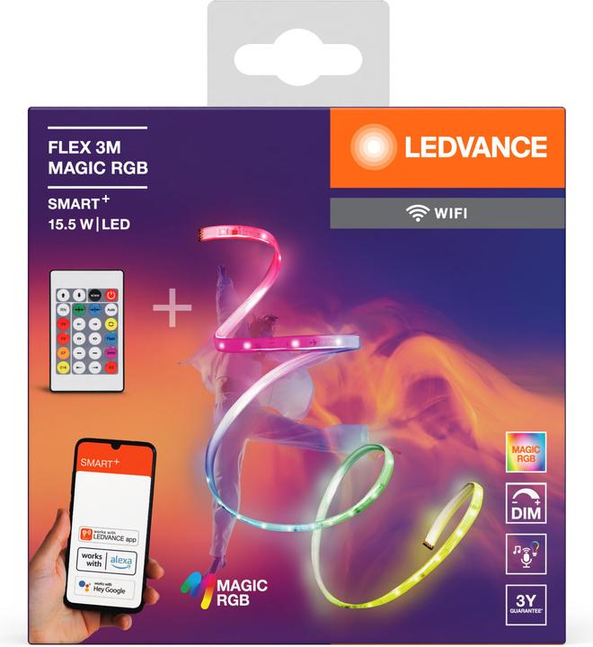 Image du produit Ledvance Bande LED intelligente WiFi "MAGIC FLEX", 3m + télécommande, RGB (Multicolore, 300 cm, Intérieur)