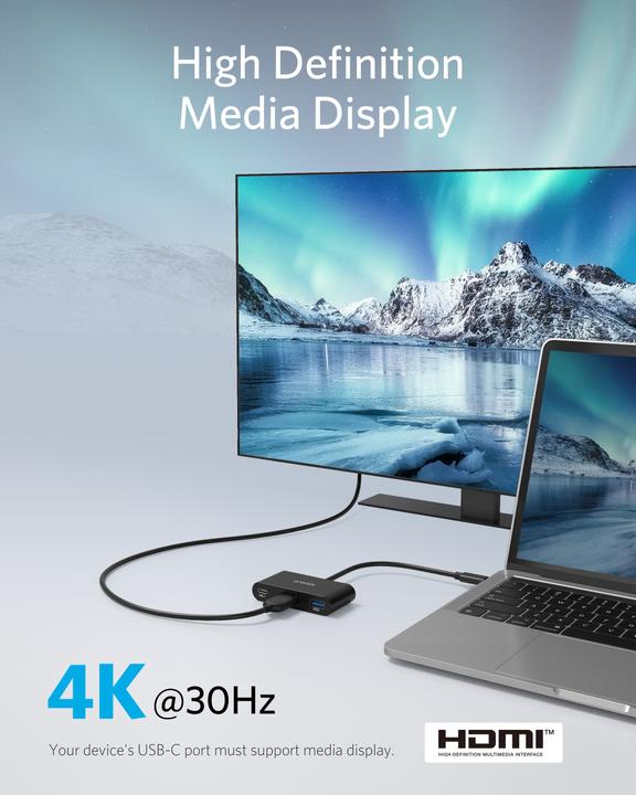 Productafbeelding Anker 321 USB-C Hub (3-in-1) Ultracompact 1x HDMI 4K 1x USB-C PD 1x USB-A grijs (USB-C, 3 Havens)