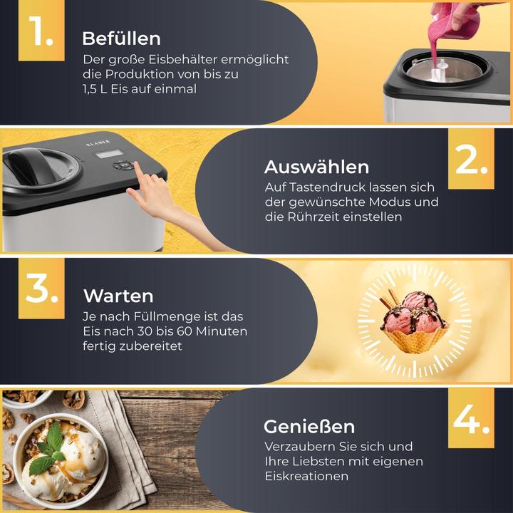 Produktbild KLAMER Eismaschine 1.5L, 120 W Eiscrememaschine aus Edelstahl