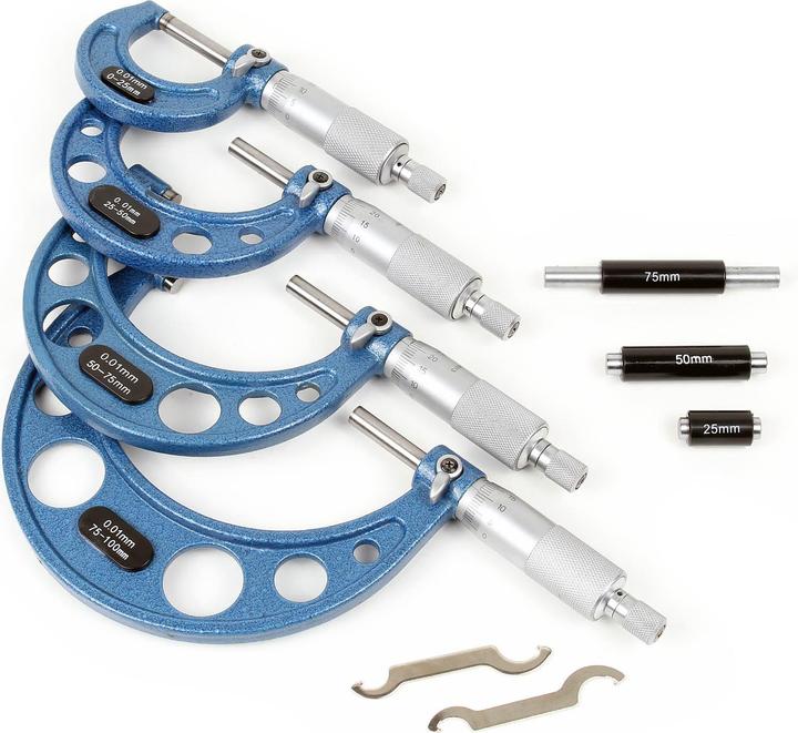 Produktbild Wiltec Mikrometer Set 0-100 mm 0,01mm 4 Bügelmessschrauben Stahl Werkzeug Koffer