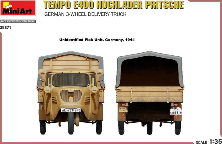 Image du produit Mini art Tempo E400 à plateau surbaissé. Camion de livraison allemand à 3 roues