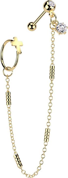 Produktbild Star Piercing Micro Barbell vergoldet mit Kugel und Kugeln Kristall silber Verbindungskette vier Balken Ring Kreuz (Chirurgenstahl 316L, Messing)