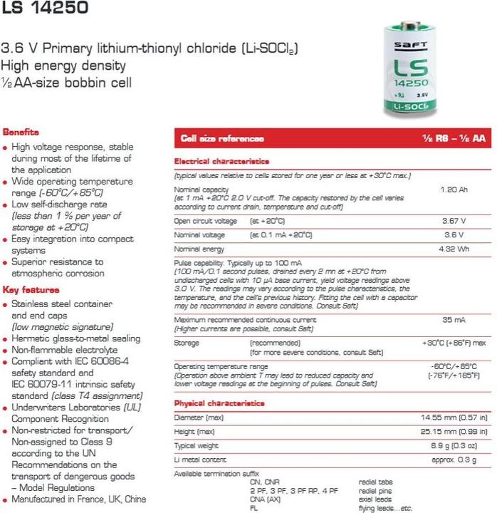 Produktbild Saft Batterie LS14250CNR, Size 1/2 AA, Lötfahnen Z-Form (1 Stk., AA, 1100 mAh)