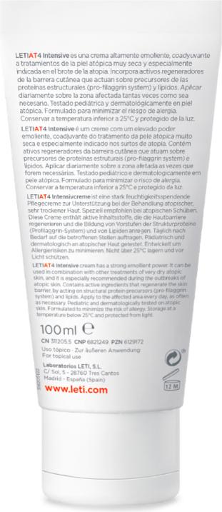 Nährwerte und Zutaten Leti LETIAT4 Atopic Skin Intensivcreme, 100 ml Creme (100 ml)