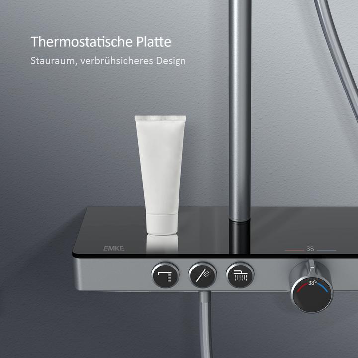 Actual product image Emke Thermostatic Shower System with Overhead Rain Shower, Hand Shower, and Lower Outlet, Black Metal