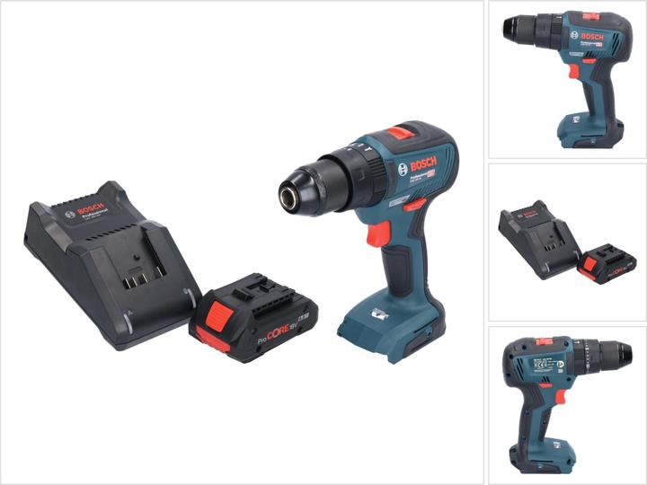 1x Bosch GSB 18V-55 Professional Akku Schlagbohrschrauber 18 V, 1x Bosch GBA 18 V 4,0 Ah ProCORE Akku (1600A016GB), 1x Bosch GAL 18V-40 Ladegerät (1600A019RJ)
