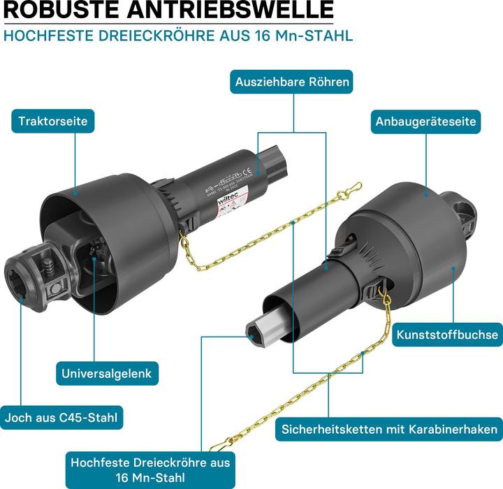 Actual product image Wiltec PTO Shaft T1 Drive Shaft 500-650mm 210Nm 540rpm, 18kW (25hp), 2x 1 3/8" 6 teeth Tractor Attachm (Tractor accessories)