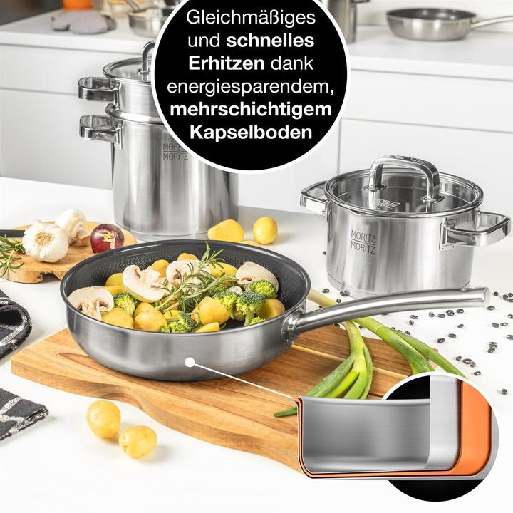 Produktbild Moritz & Moritz Edelstahlpfanne Wabenstruktur 24cm mit Keramikbeschichtung der neuesten Generation (Pfannenset + Topfset, Edelstahl)