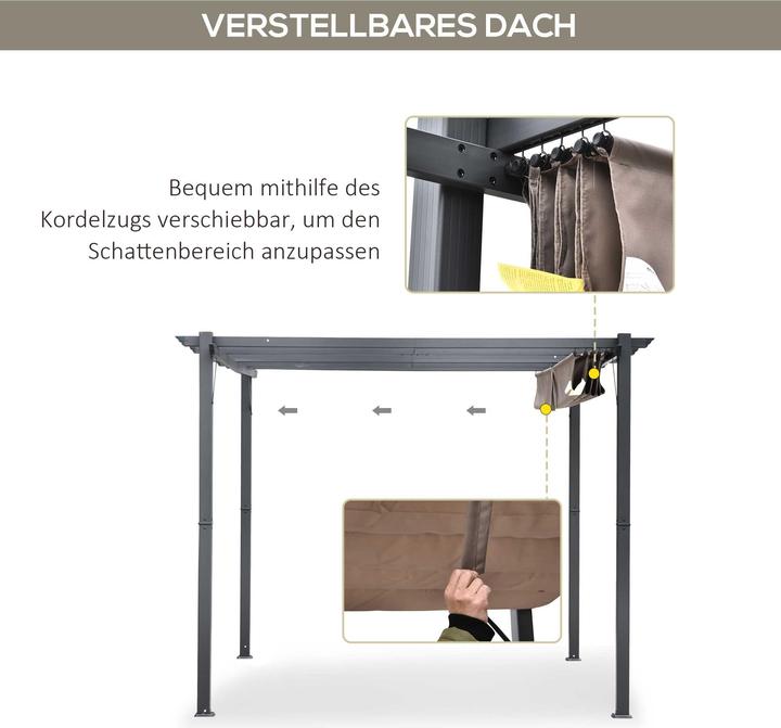 Produktbild Swisshandel24 Pergola Pavillon Terrassenüberdachung mit Schiebedach Garten Alu Kohlegrau+Kaffeebraun 3x3x2,23 m (300 cm, 300 cm)