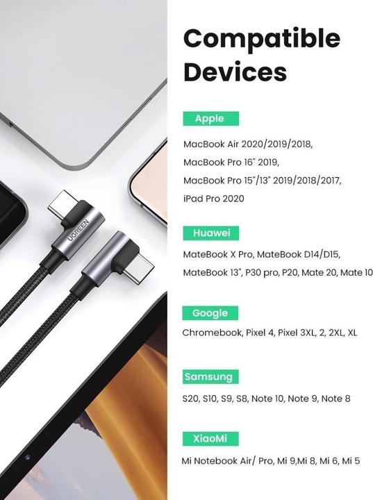 Image du produit Ugreen Câble de données USB-C 2.0 coudé vers USB-C 2.0 coudé 5A (2 m, USB 2.0)