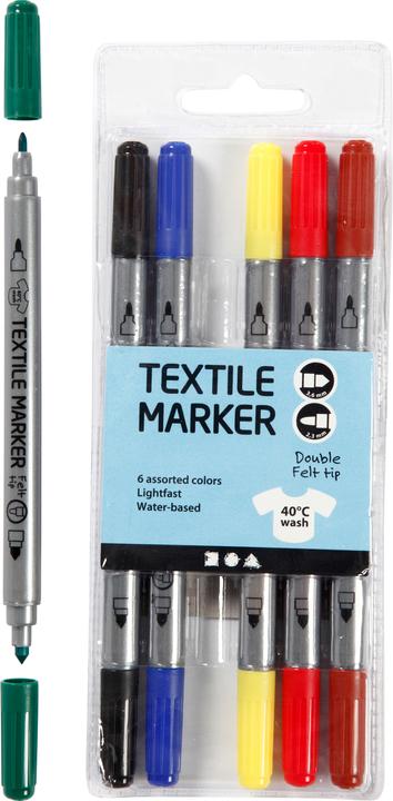 Produktbild Creativ Company Dubbelzijdige Textielstiften - Basiskleuren, 6st. (Mehrfarbig, 5.90 mm, 6 x)