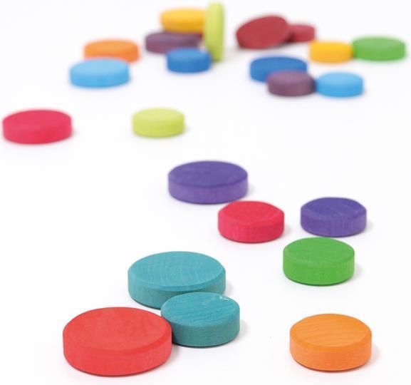 Actual product image Grimm's Wooden talers, rainbow (German, French, Swiss German, Italian, English)