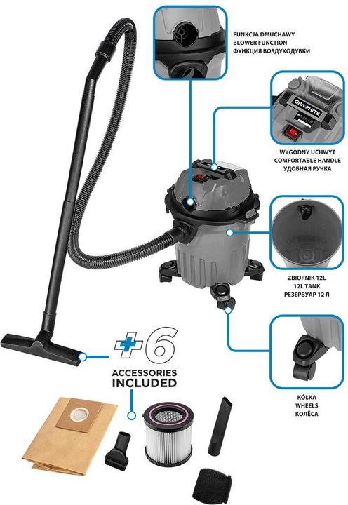 Actual product image Graphite Workshop hoover Energy+ 18V Li-lon, wet and dry, 12L tank (Wet dry vacuum cleaner)