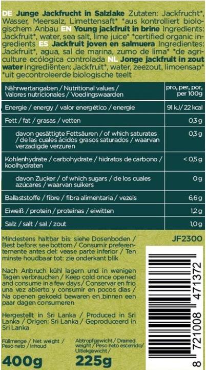 Valeurs nutritives et ingrédients Jacky F. Jeunes fruits de jacquier dans une saumure biologique (400 g)