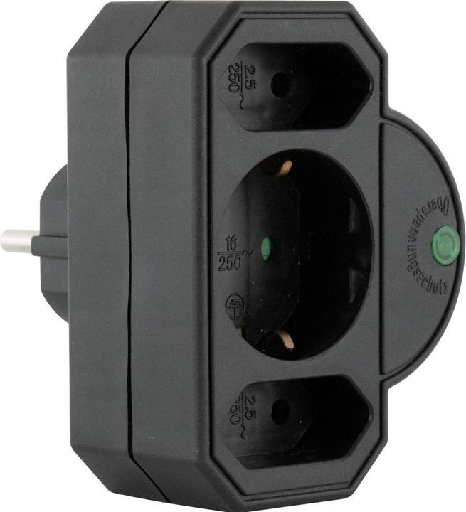 REV Steckdosenadapter 3-fach mit Überspannungsschutz, schwarz (CEE 7/3, CEE 7/16, 3 x)