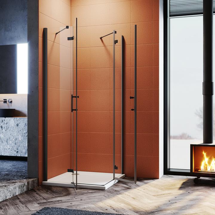 Actual product image SONNI shower cubicle with corner entry, 80 x 80 cm, black, height 195 cm, with hanging doors, 6 mm n (120 cm, 120 cm, 195 cm)