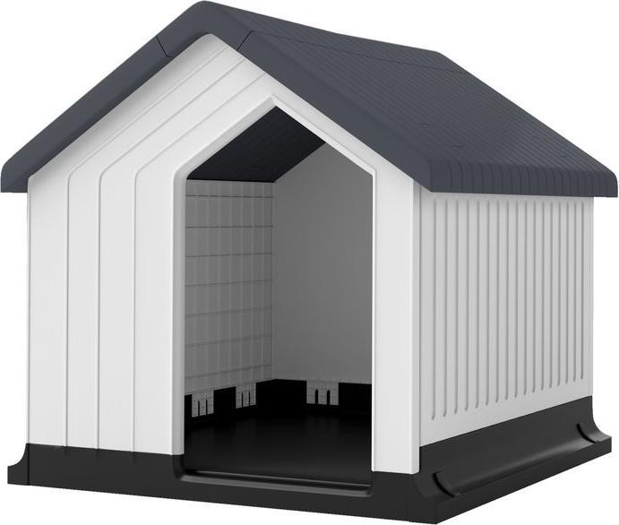 Produktbild Swisshandel24 Hundehütte, wetterfest, Fenster & Tür, für kleine Hunde bis 10kg/40cm Länge, 62x61x60cm, Grau/Weiss (Hundehütte)
