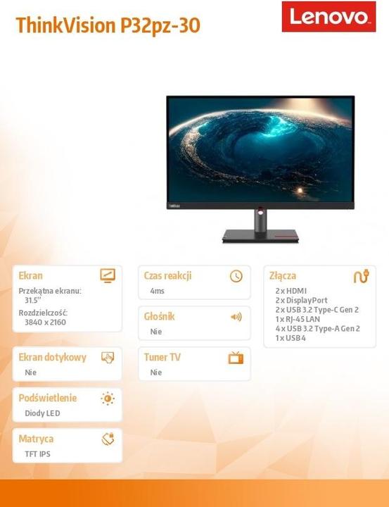 Produktbild Lenovo ThinkVision P32pz-30 (3840 x 2160 Pixel, 31.50")