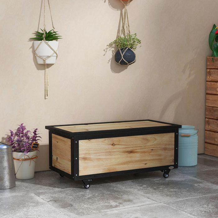 Image du produit Swisshandel24 Coffre de jardin en bois Coffre de rangement 121L Coffre de rangement à roulettes, Résistant aux