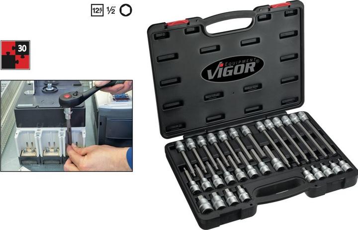 Actual product image Vigor Hexagon socket screwdriver bit set ∙ V1919 ∙ Square 12.5 mm (1/2 inch) ∙ Hexagon socket set ∙ (6 mm, 12 mm, 14 mm, 10 mm, 7 mm, 11 mm, 5 mm, 8 mm, 9 mm, 13 mm)