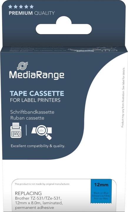 Immagine prodotto MediaRange Cassetta nastro adesivo 12mm nero/blu Brother TZ-531/TZe-531 8m (1.20 cm, Blu)