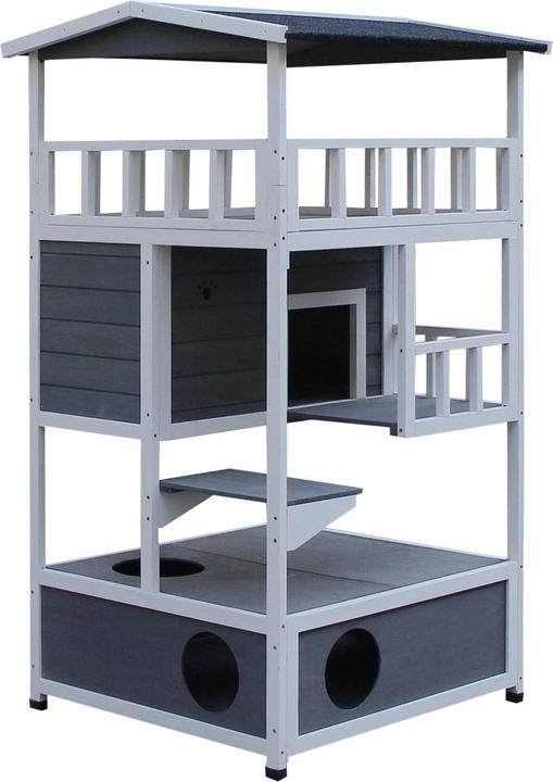 PawHut Niche pour chats d'extérieur avec terrasse, 4 étages, résistante à l'hiver, gris, 75,5x75x137cm (137 cm, Gris foncé Blanc)