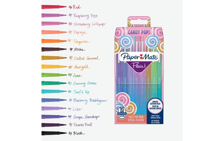 Produktbild Paper Mate Flair Candy Pop (Flieder, Salted Caramel, traube, Orange, Himbeere, Ringelblume, Blueberry Bubblegum, Hellgrün, Braun, 16 x)