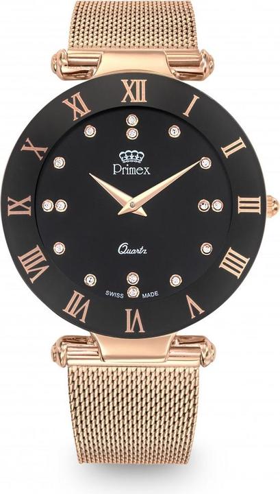 Image du produit Primex Montre Dame Swiss Made Bracelet Metal Rose Cadran Noir Etanche 30 M Grande (Montre analogique, 40 mm)