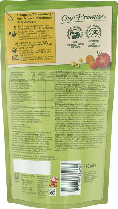 Valeurs nutritives et ingrédients Knorr Potage minestrone en sachet, soupe liquide avec tomates cultivées de manière durable, à réchauffer (570 ml)