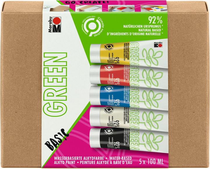 Produktbild Marabu Bastelfarbe Alkydfarbe Green Set Basic, 5 x 100 ml (Lichtgelb, Weiss, Saphirblau, Hellrot, 100 ml)