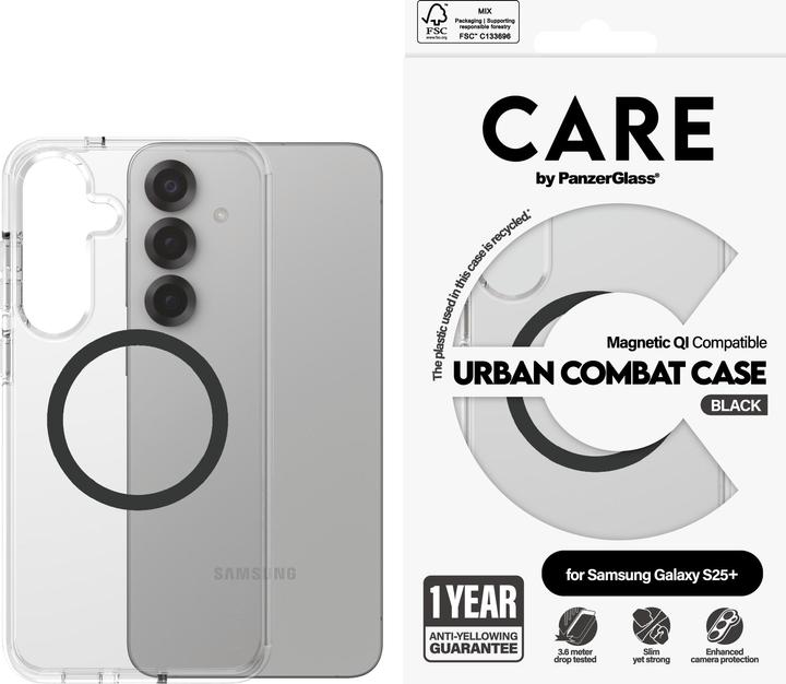 Actual product image PanzerGlass CARE by ® Flagship Case Transparent Urban Combat w. Black Qi Compatible Samsung Galaxy S (Samsung Galaxy S25+)