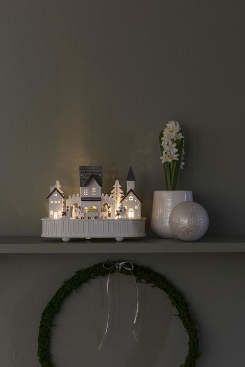 Produktbild Konstsmide Gnosjö LED Holzsilhouette"Haus und Kirche", weiss, mit Spieluhr und 6h Timer, 5 warm weisse
