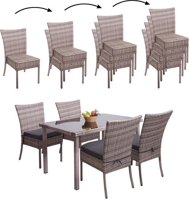 Produktbild Swisshandel24 Poly-Rattan Garnitur, Sitzgruppe Balkon-/Lounge-Set, 4xStuhl+Tisch, 120x75cm - grau, Kissen dunkelgr (120 cm)