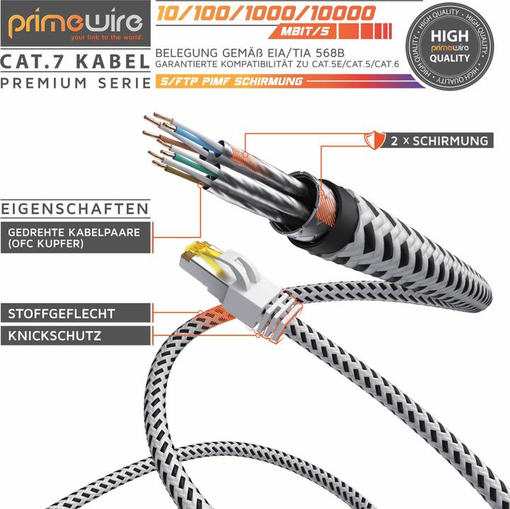 Immagine prodotto Primewire Cavo di rete CAT.7 con rivestimento in cotone, cavo LAN Gigabit Ethernet CAT 7, cavo patch 10000 (S/FTP, CAT7, 10 m)