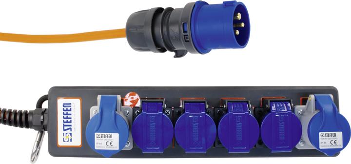 Actual product image Steffen Socket strip PROFESSIONAL 2xCEE16/3 + 4xT23 PUR 3x2.5mm2 5m IP44/IP55 sw/bl (6 x, CEE 16/3, Type 23, 5 m)