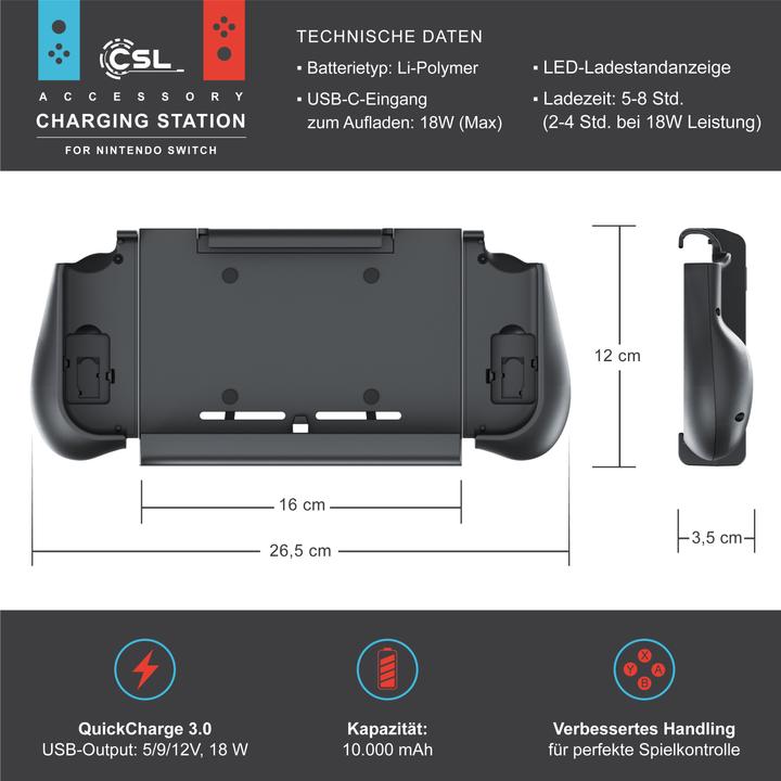 Actual product image CSL Nintendo Switch battery case 10000mAh, controller powerbank with Joy-Con grips, gamepad charger (Switch)