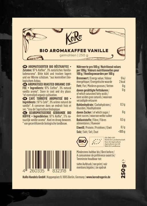 Nutritional values and ingredients KoRo Roasted organic coffee with vanilla flavour, ground (250 g)