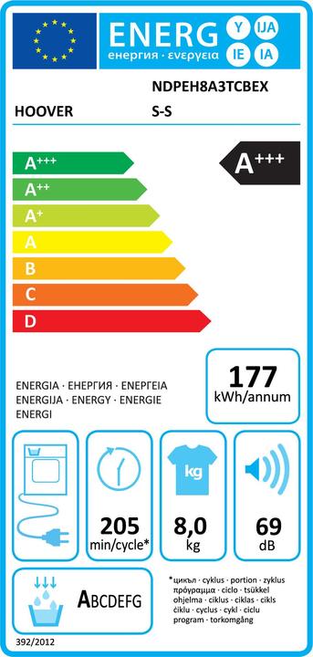 Energy Label Hoover Tumble dryer NDPEH8A3TCBEXS-S H-DRY 500 Left (8 kg, Left)