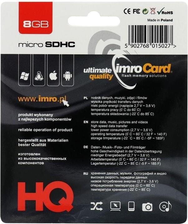 Produktbild IMRO MicroSDHC/8G 8 GB UHS-I Klasse 10 (8 GB, microSDHC, U1, UHS-I)