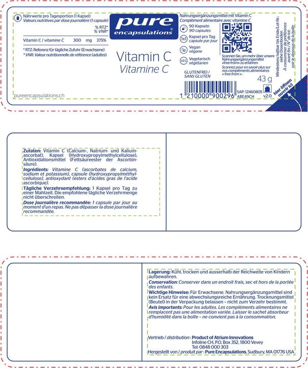 Valori nutrizionali e ingredienti Pure encapsulations Vitamina C (90 Pezzo/i, Pillole, 58 g)