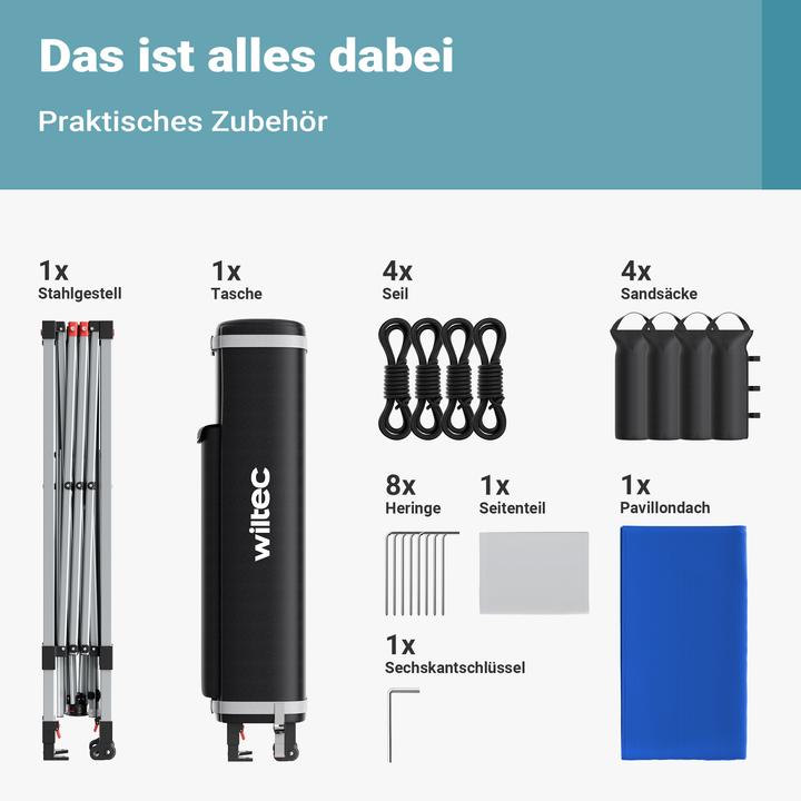 Produktbild Wiltec Faltpavillon 3x3m blau Räder Gartenpavillon Partyzelt Pavillon Camping (300 cm, 300 cm)