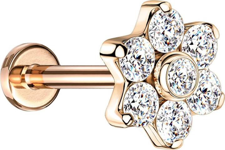 Produktbild Star Piercing Micro Labret Innengewinde rosegold mit Blume Kristalle silber (ohne Messing, Titan G23)
