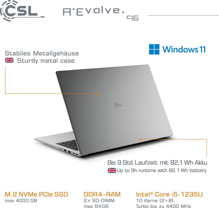 Produktbild CSL Notebook R'Evolve C16 (16", Intel Core i5-1235U, 32 GB, 2000 GB, DE)