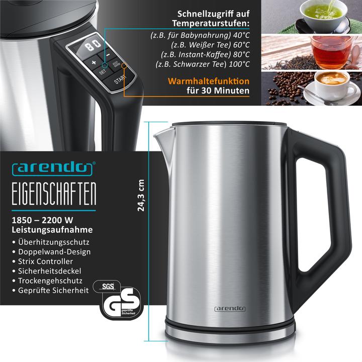 Actual product image Arendo Breakfast set, kettle 1.5l temperature selection, 2-slice toaster & egg cooker for 8 eggs, silver