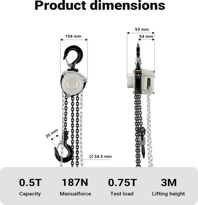 Actual product image Wiltec Kettenzug bis 500kg Handkettenzug 3m Hubhöhe Tragmittel Hebezeug Hebelzug