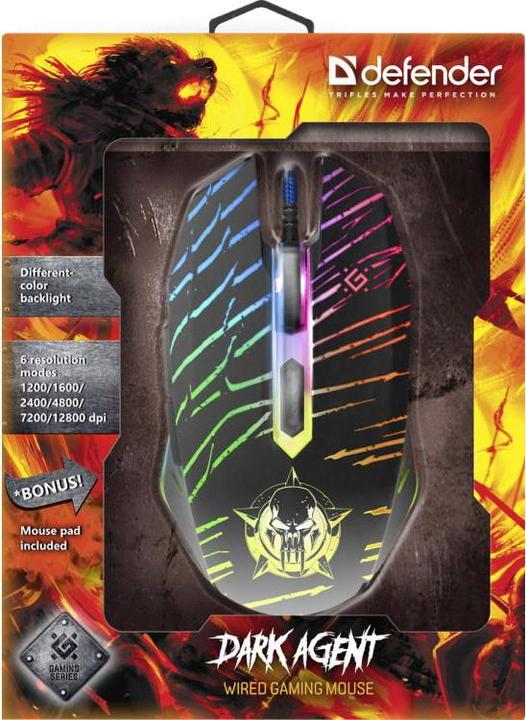 Actual product image Defender Gaming, wired, optical GM-590L DARK AGENT 12800dpi 6P Backlit Gaming Mouse (Cable)