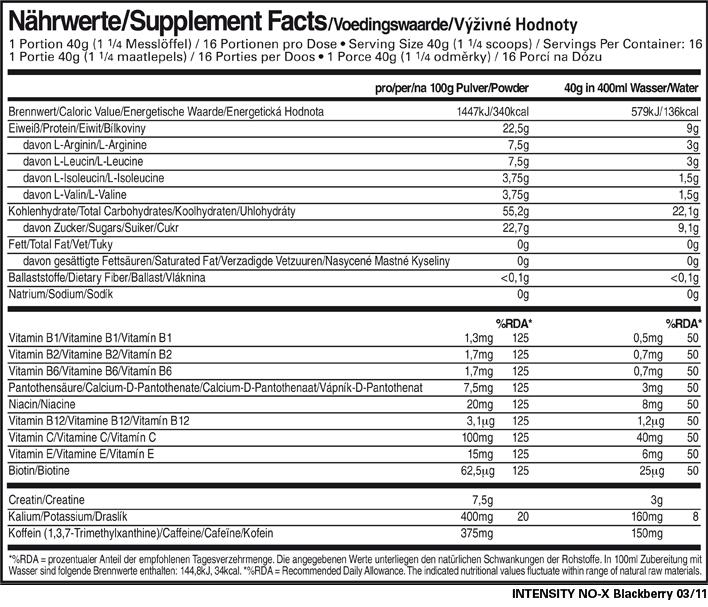 Nährwerte und Zutaten All Stars Intensity NO-X (640g Dose) (Orange, Grapefruit, 1 Stk., 640 g)
